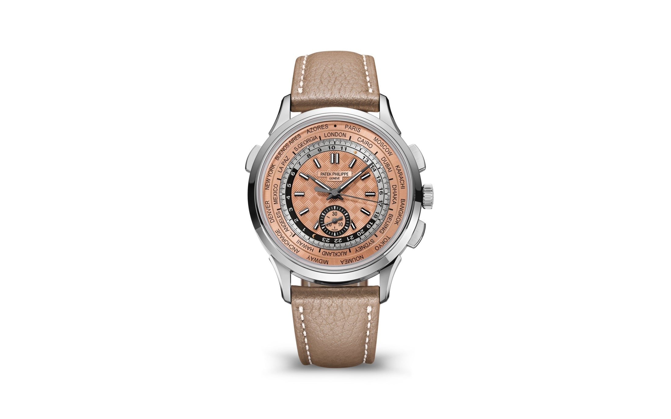 Patek Philippe World Time Chronograph — Automatic — Steel — Roze Dial — Ref. 5935A-001