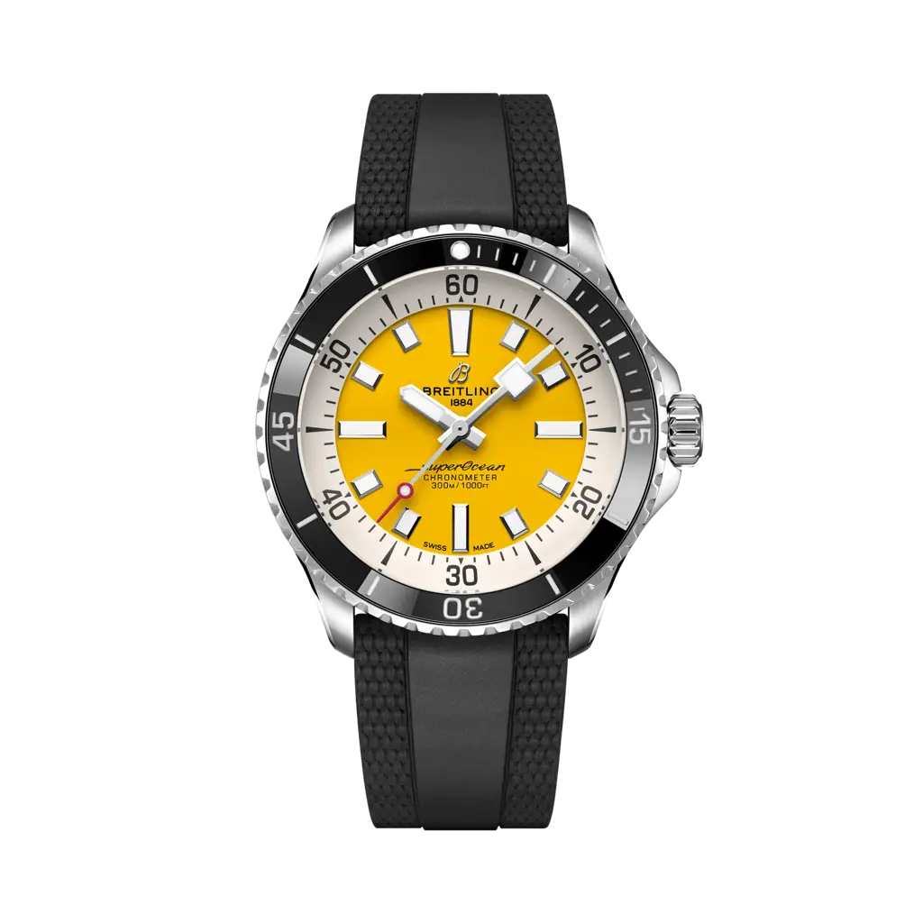 Breitling SuperOcean Automatic 42 Stainless Steel / Yellow / Rubber — Ref. A17375211I1S1
