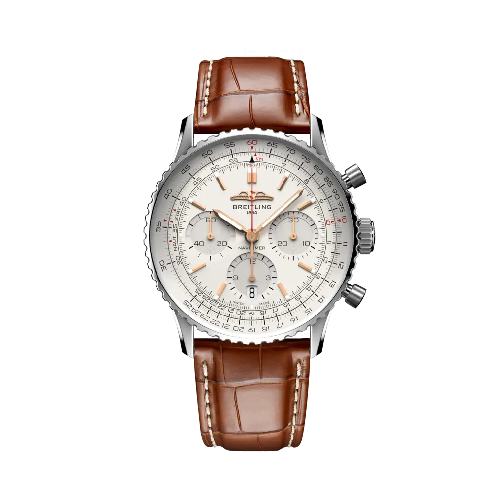 Breitling Navitimer B01 Chronograph 41 Stainless Steel / Silver / Alligator - Folding — Ref. AB0139211G1P1
