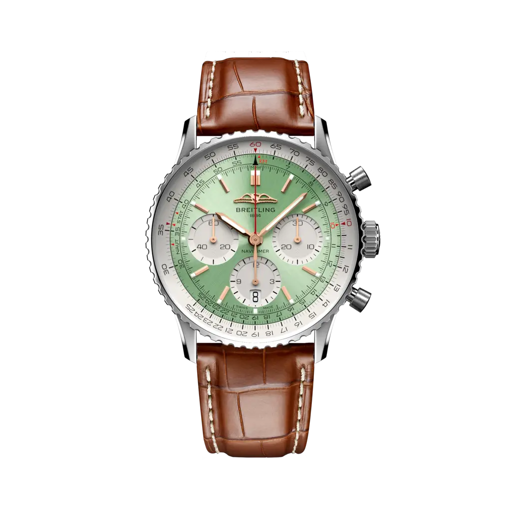 Breitling Navitimer B01 Chronograph 41 Stainless Steel / Mint Green / Alligator - Folding — Ref. AB0139211L1P1