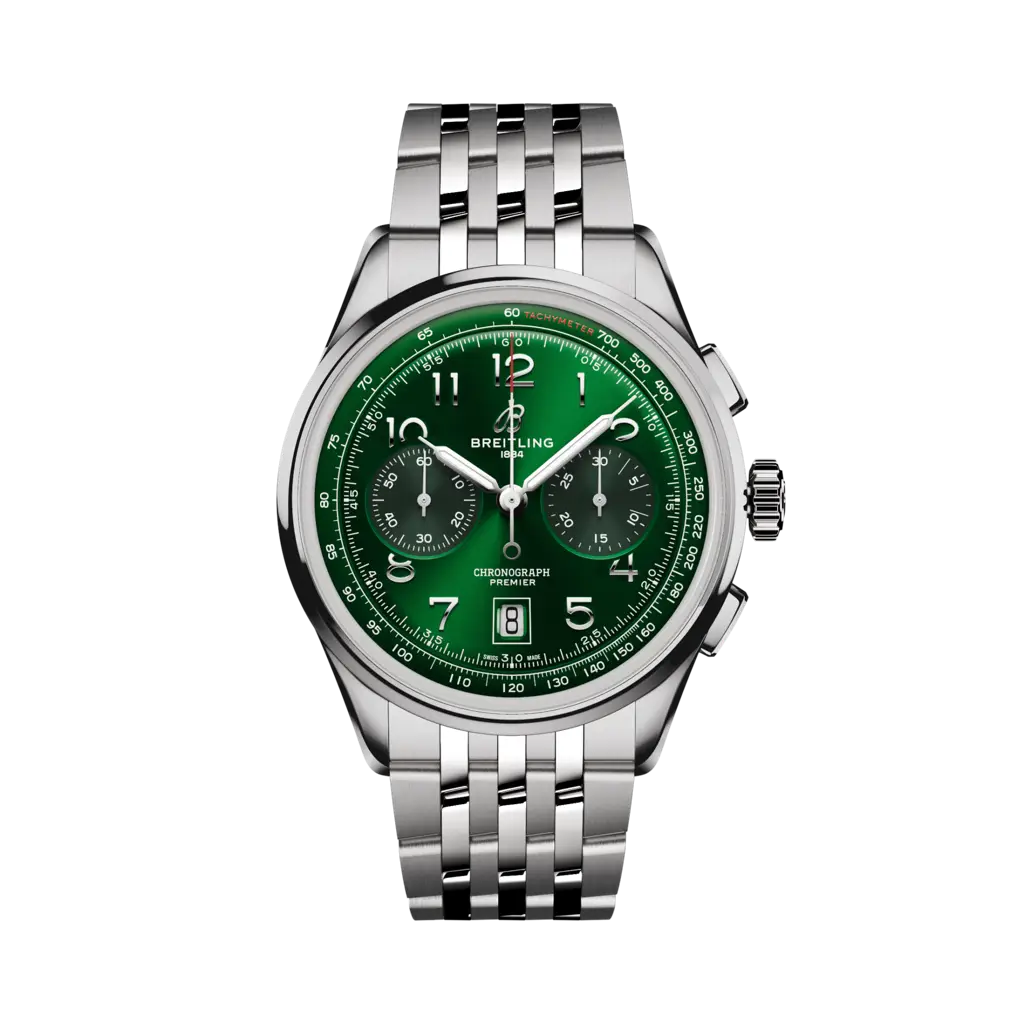 Breitling Premier B01 Chronograph 42 Stainless Steel / Green / Bracelet — Ref. AB0145371L1A1
