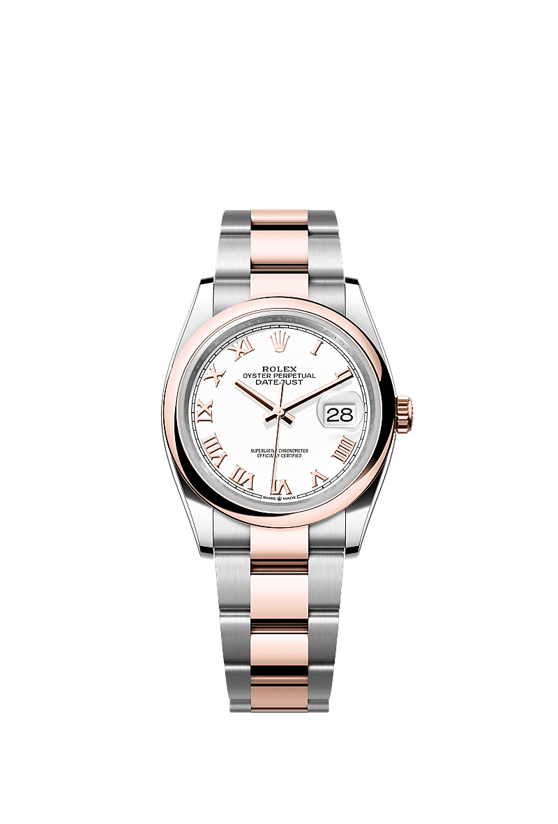 Rolex Datejust 36 Stainless Steel / Everose / Smooth / White Roman / Oyster — Ref. 126201