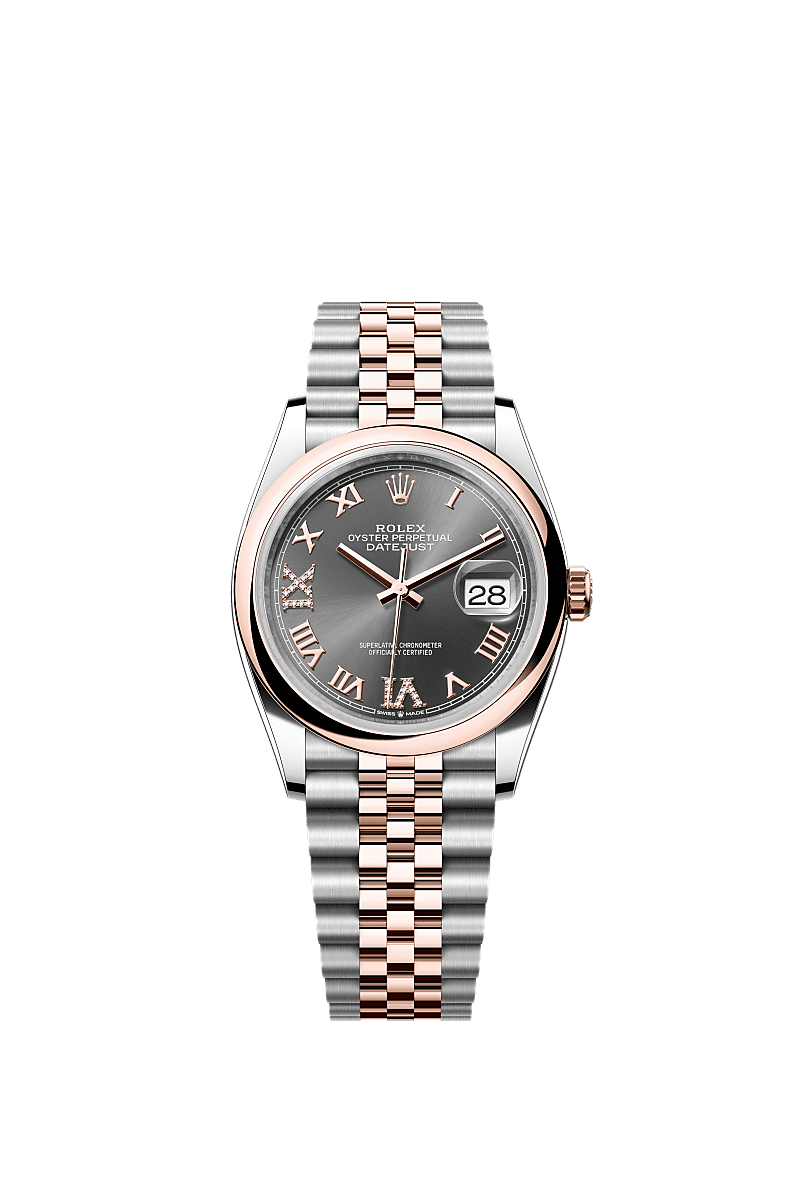 Rolex Datejust 36 Stainless Steel / Everose / Smooth / Dark Rhodium Roman / Jubilee — Ref. 126201