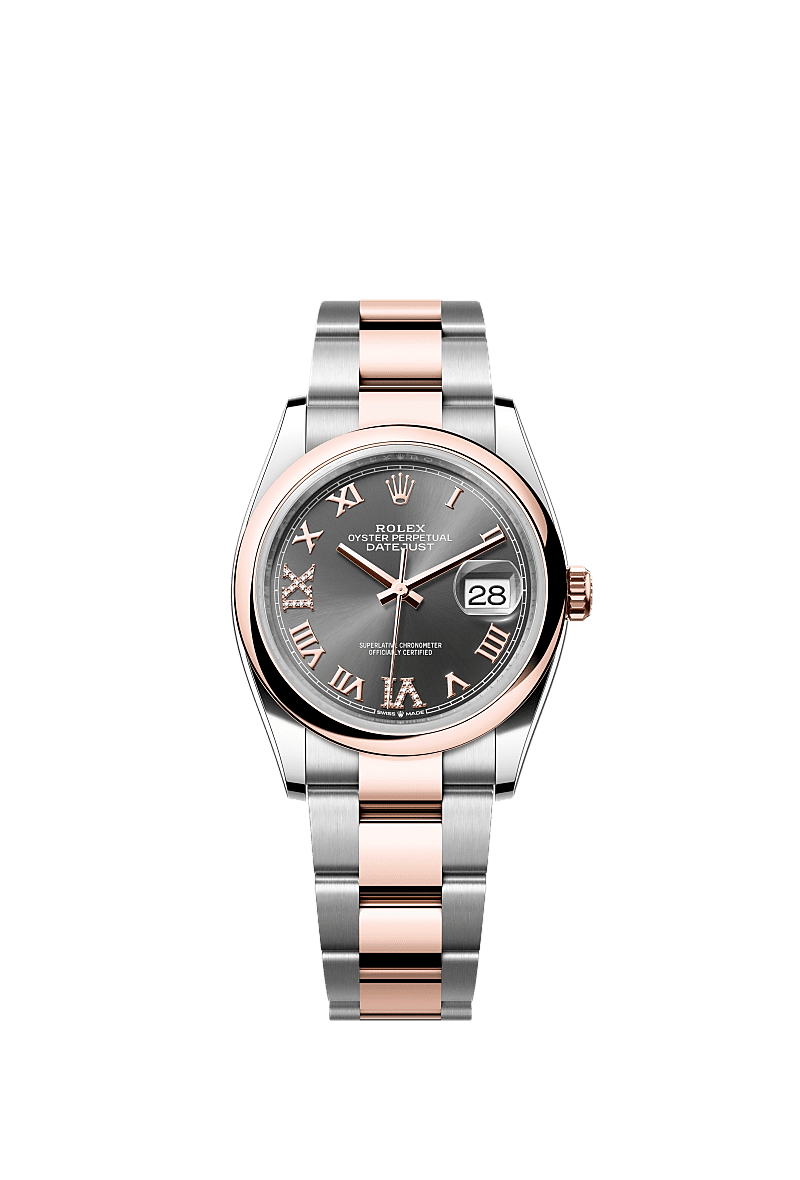 Rolex Datejust 36 Stainless Steel / Everose / Smooth / Dark Rhodium Roman / Oyster — Ref. 126201