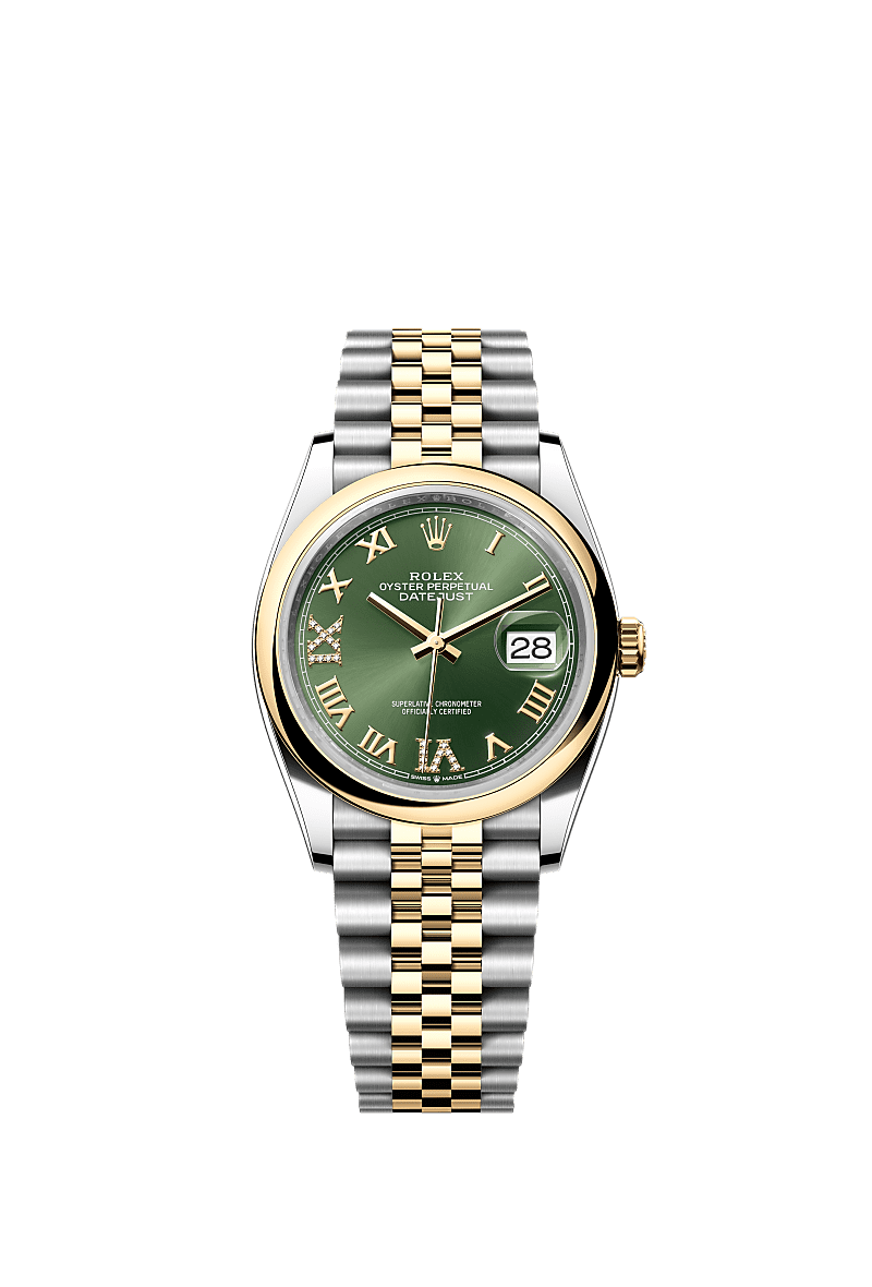 Rolex Datejust 36 Stainless Steel / Yellow Gold / Smooth / Olive Green Roman / Jubilee — Ref. 126203