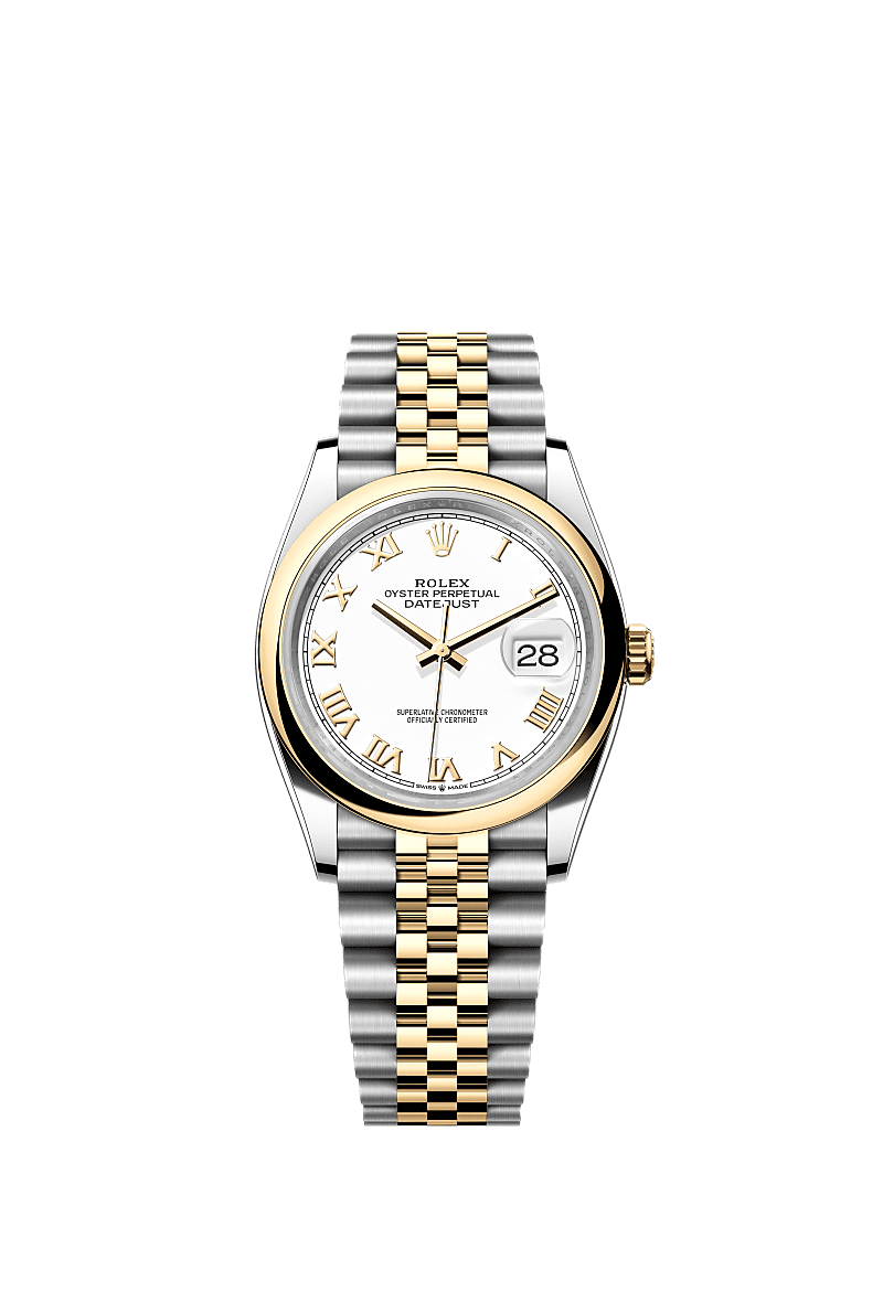 Rolex Datejust 36 Stainless Steel / Yellow Gold / Smooth / White Roman / Jubilee — Ref. 126203