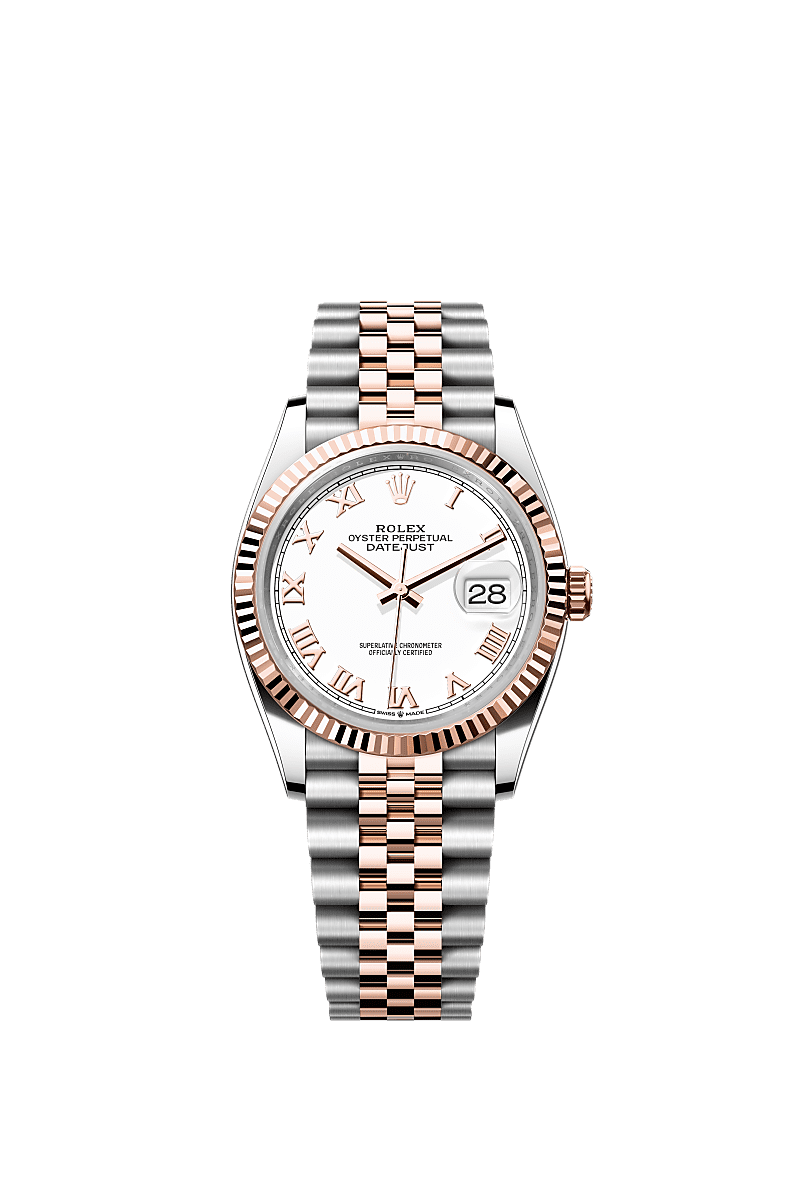 Rolex Datejust 36 Stainless Steel / Everose / Fluted / White Roman / Jubilee — Ref. 126231