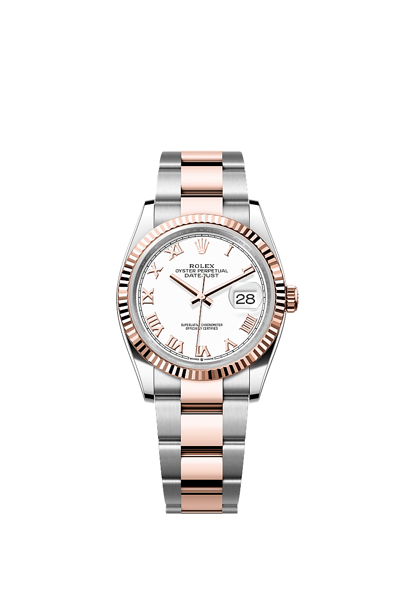 Rolex Datejust 36 Stainless Steel / Everose / Fluted / White Roman / Oyster — Ref. 126231