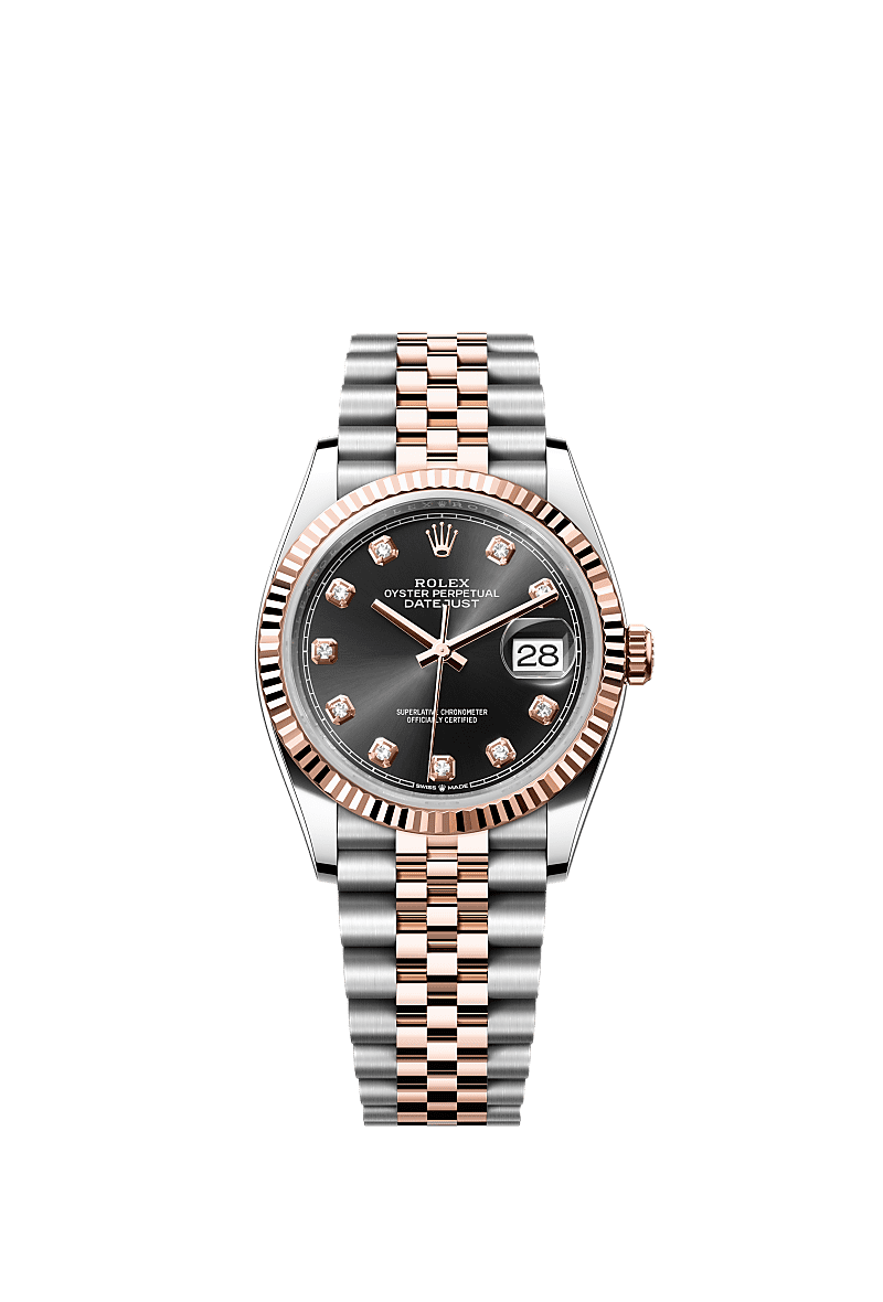 Rolex Datejust 36 Stainless Steel / Everose / Fluted / Black Diamond / Jubilee — Ref. 126231
