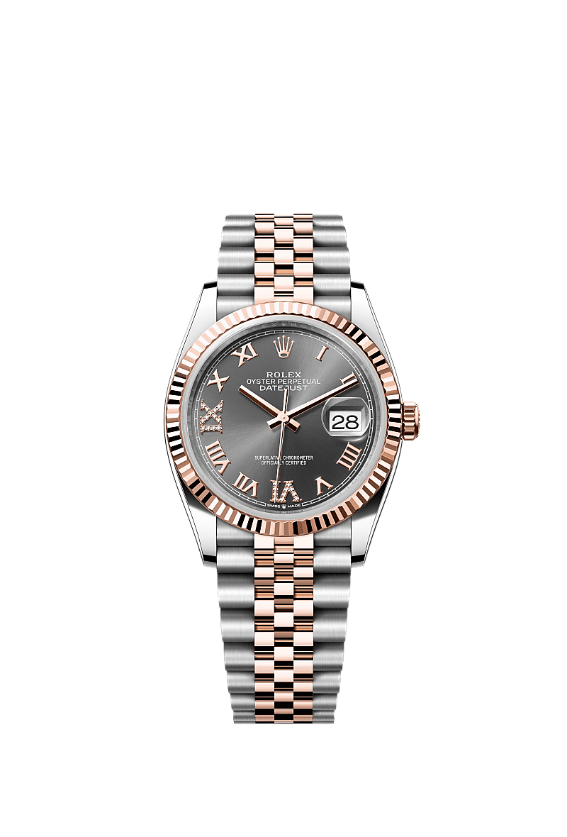 Rolex Datejust 36 Stainless Steel / Everose / Fluted / Dark Rhodium Roman / Jubilee — Ref. 126231