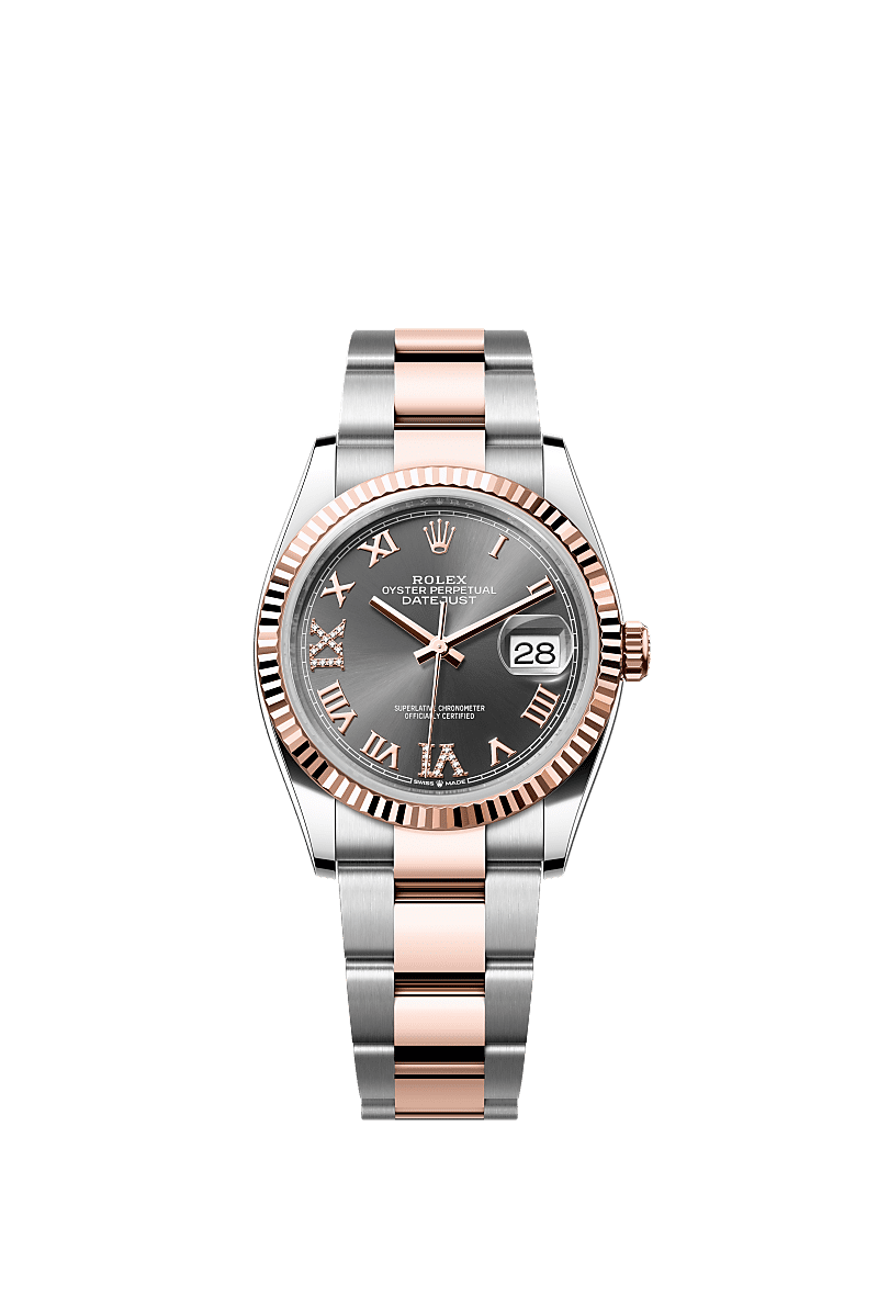 Rolex Datejust 36 Stainless Steel / Everose / Fluted / Dark Rhodium Roman / Oyster — Ref. 126231