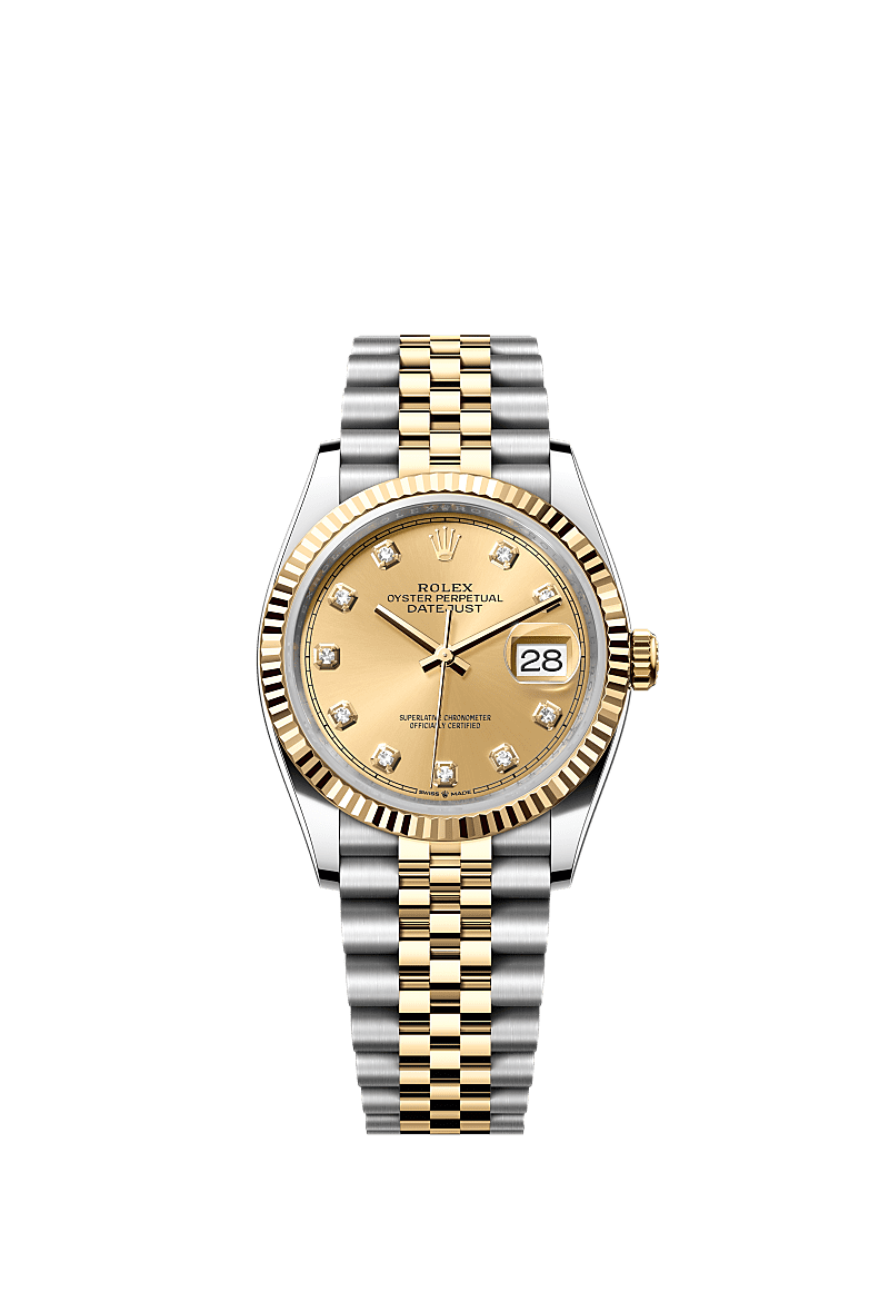 Rolex Datejust 36 Stainless Steel / Yellow Gold / Fluted / Champagne Diamond / Jubilee — Ref. 126233