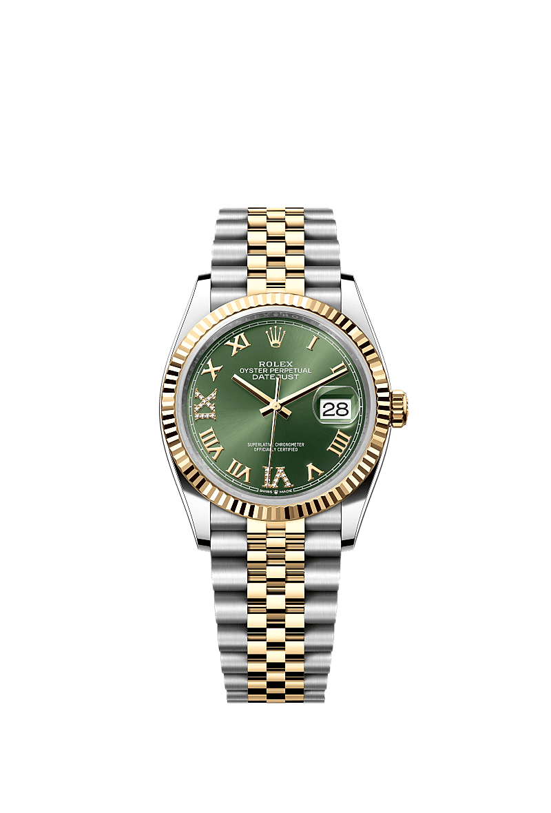 Rolex Datejust 36 Stainless Steel / Yellow Gold / Fluted / Olive Green Roman / Jubilee — Ref. 126233