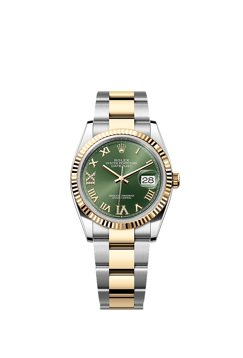 Rolex Datejust 36 Stainless Steel / Yellow Gold / Fluted / Olive Green Roman / Oyster — Ref. 126233