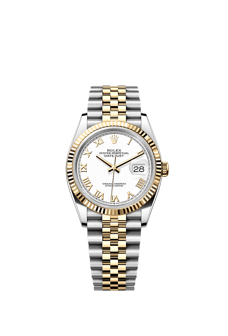 Rolex Datejust 36 Stainless Steel / Yellow Gold / Fluted / White Roman / Jubilee — Ref. 126233