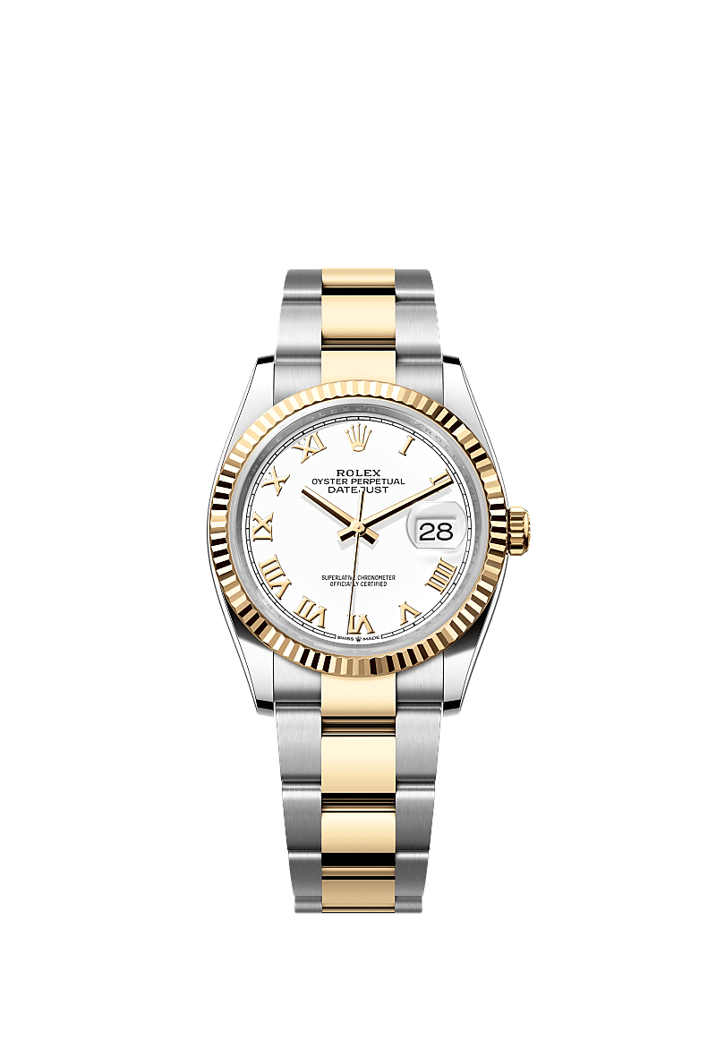 Rolex Datejust 36 Stainless Steel / Yellow Gold / Fluted / White Roman / Oyster — Ref. 126233