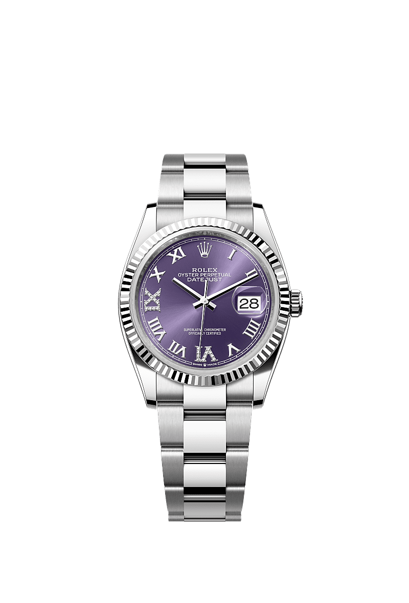 Rolex Datejust 36 Stainless Steel / Fluted / Aubergine Roman-Diamonds / Oyster — Ref. 126234