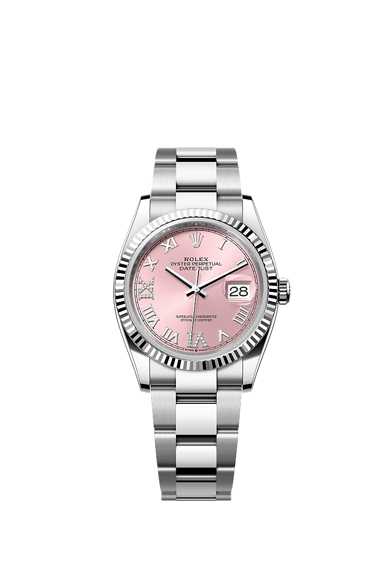Rolex Datejust 36 Stainless Steel / Fluted / Pink Roman-Diamonds / Oyster — Ref. 126234