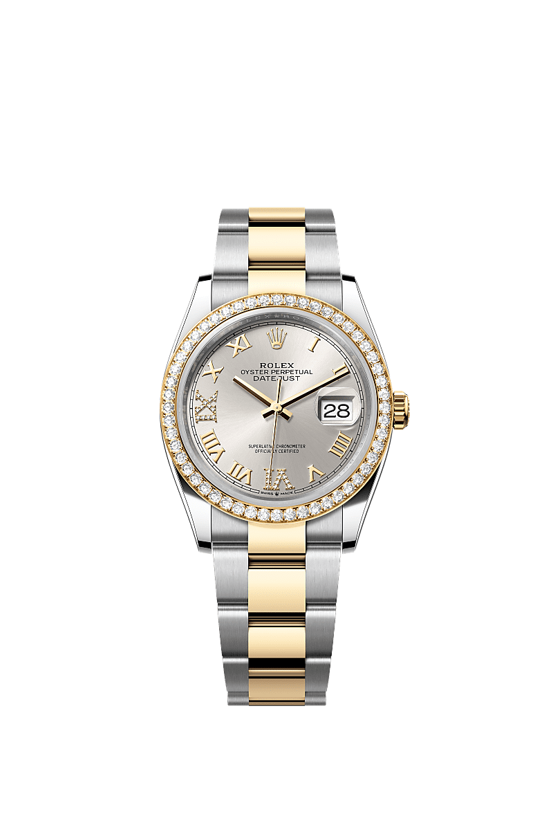 Rolex Datejust 36 Stainless Steel / Yellow Gold / Diamond / Silver Roman / Oyster — Ref. 126283RBR