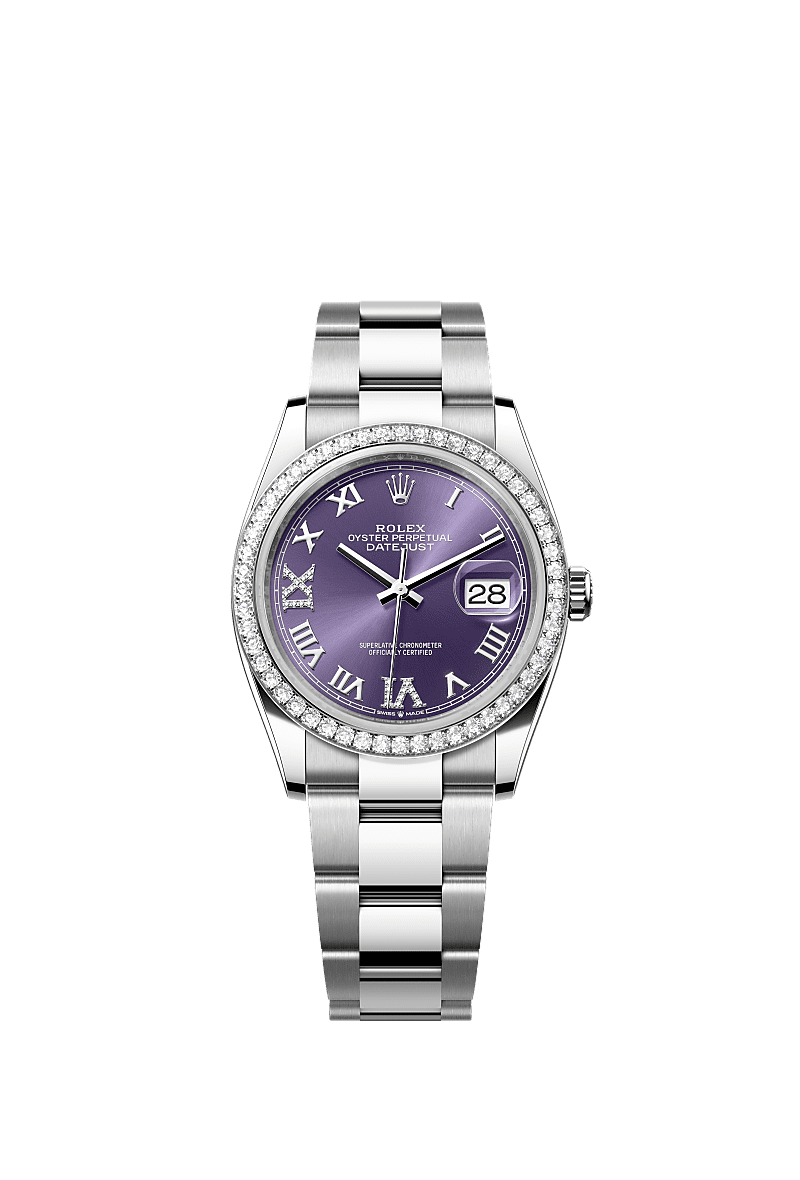 Rolex Datejust 36 Stainless Steel / Diamond / Aubergine Roman-Diamonds / Oyster — Ref. 126284RBR