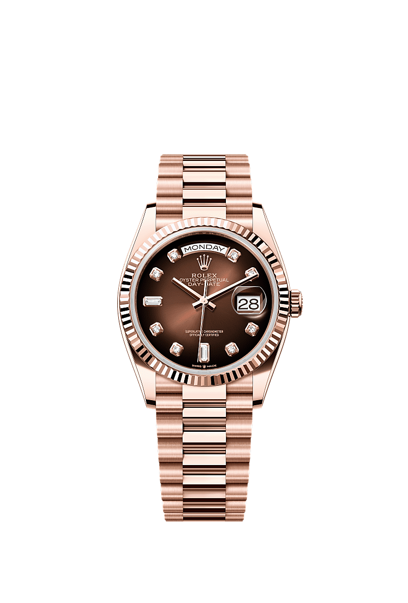 Rolex Day-Date 36 Everose Gold / Fluted / Brown Ombre-Diamond / President — Ref. 128235