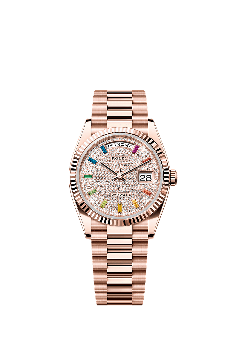 Rolex Day-Date 36 Everose Gold / Fluted / Paved-Rainbow / President — Ref. 128235