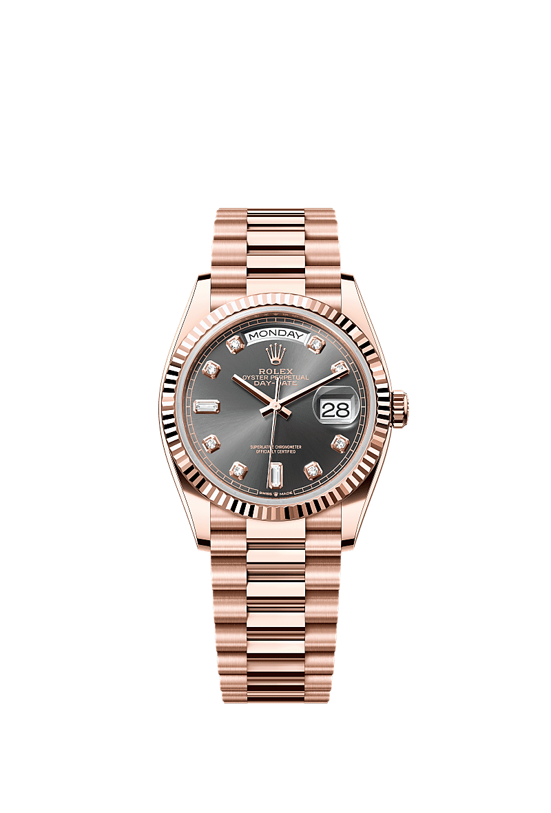 Rolex Day-Date 36 Everose Gold / Fluted / Slate - Diamond / President — Ref. 128235