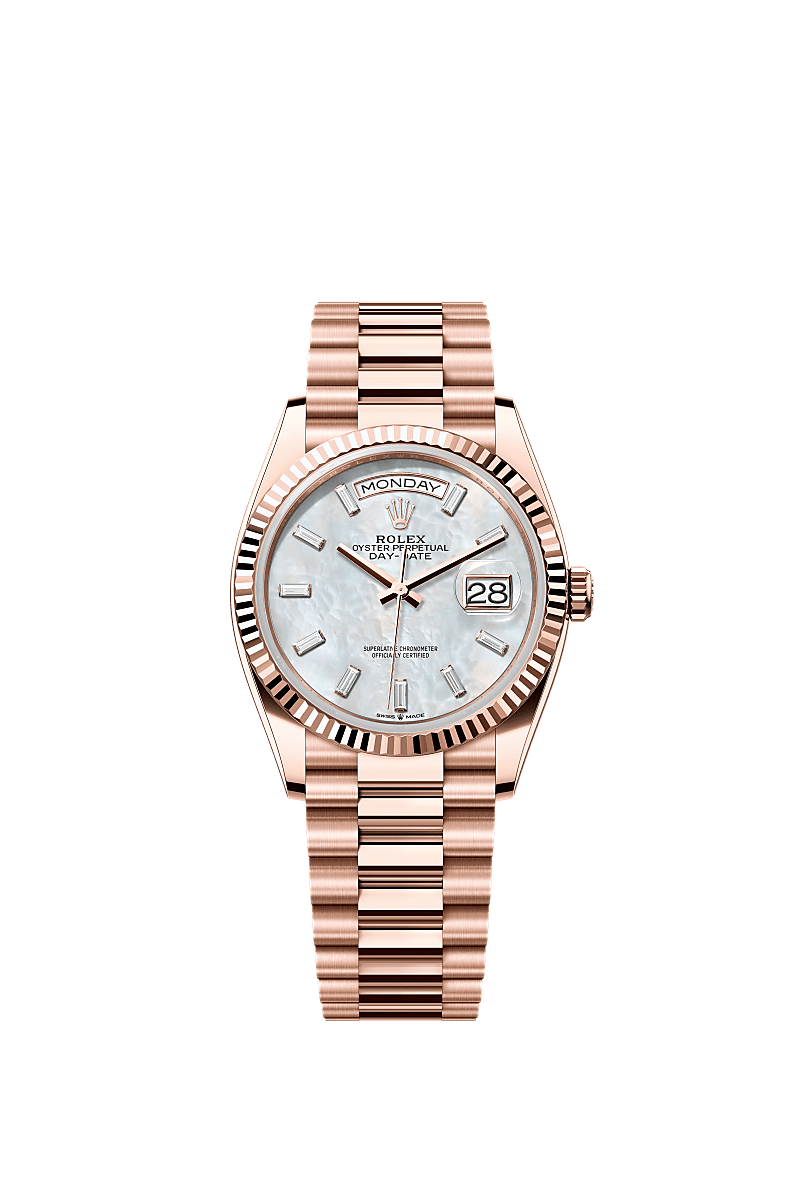 Rolex - Day-Date 36 Everose Gold - Fluted / MOP - Baguette / President — Ref. 128235
