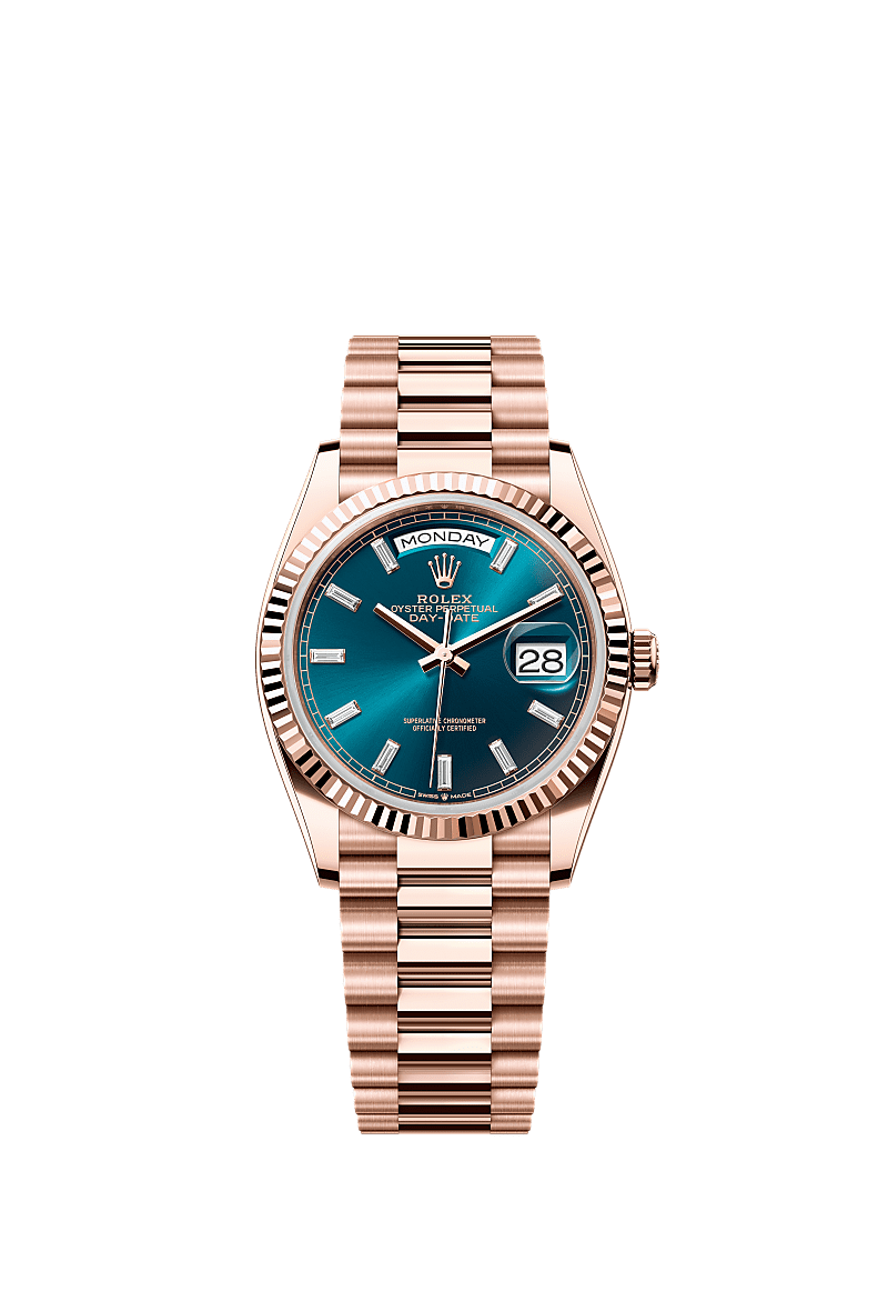 Rolex - Day-Date 36 Everose Gold - Fluted / Blue-Green - Baguette / President — Ref. 128235