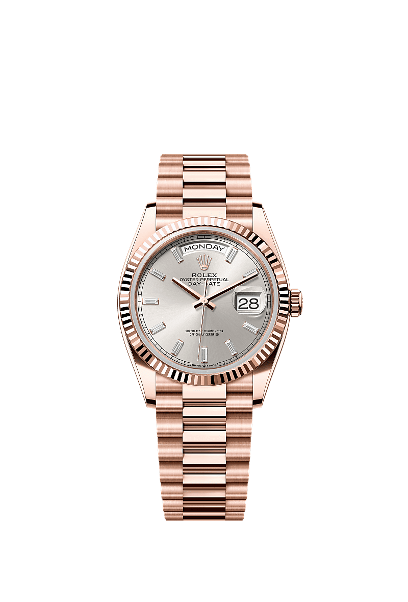 Rolex - Day-Date 36 Everose Gold - Fluted / Silver - Baguette — Ref. 128235