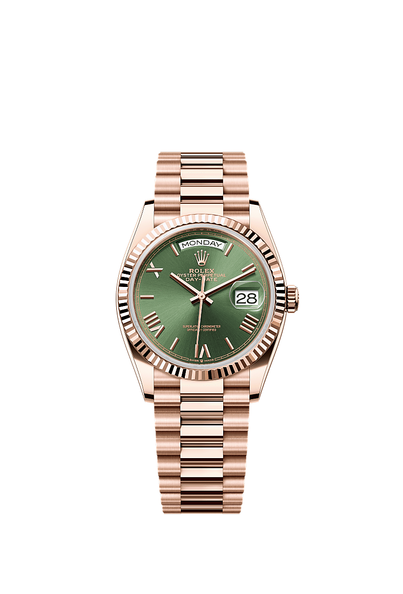 Rolex - Day-Date 36 Everose Gold Fluted / Green Roman / President — Ref. 128235
