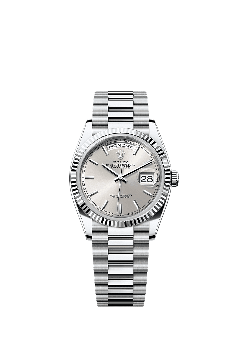 Rolex Day-Date 36 Platinum - Fluted / Silver/ President — Ref. 128236