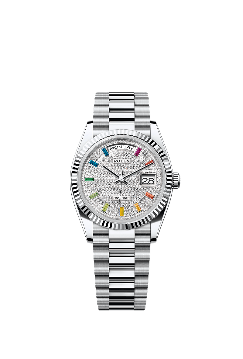 Rolex Day-Date 36 Platinum - Fluted / Paved - Rainbow / President — Ref. 128236