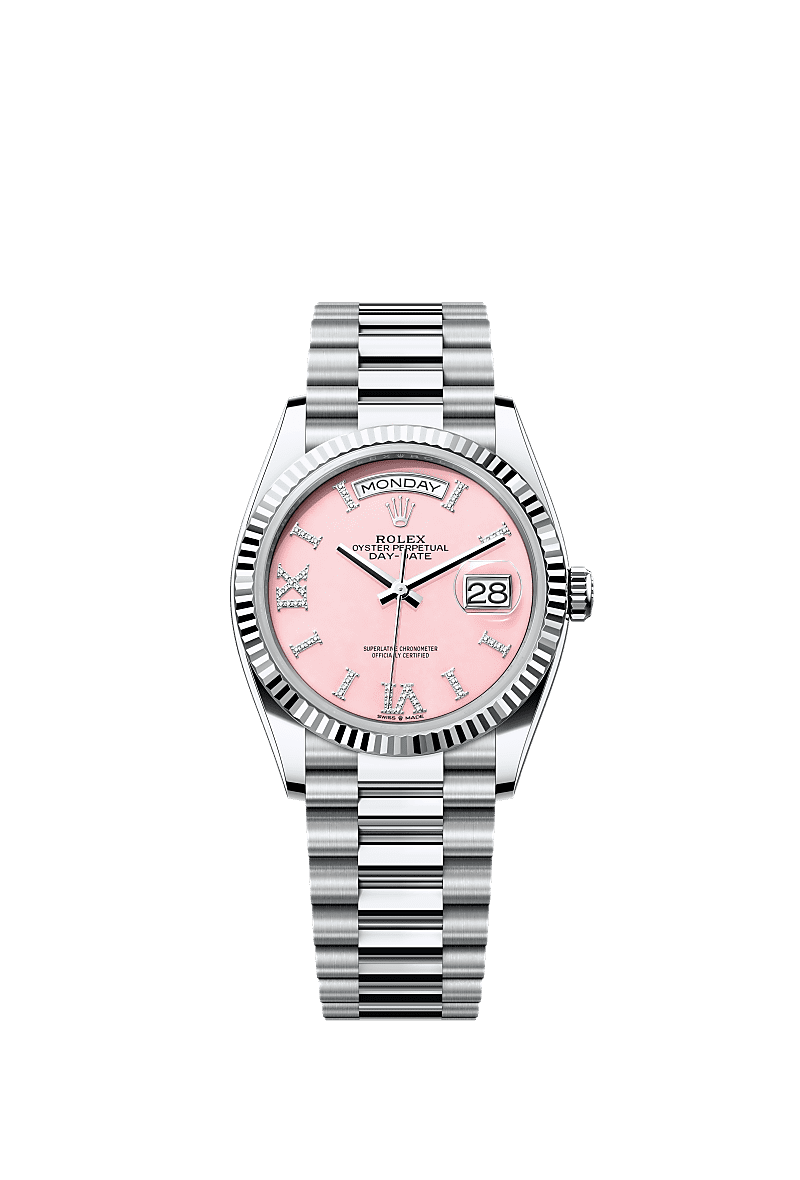 Rolex Day-Date 36 Platinum - Fluted / Pink Opal / President — Ref. 128236