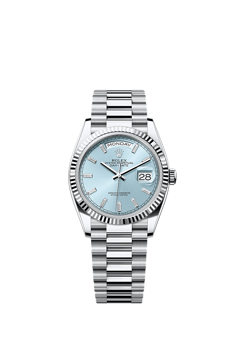 Rolex Day-Date 36 Platinum - Fluted / Ice Blue - Baguette / President — Ref. 128236