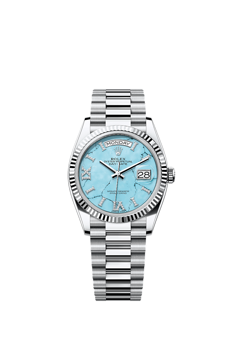 Rolex Day-Date 36 Platinum - Fluted / Turquoise / President — Ref. 128236