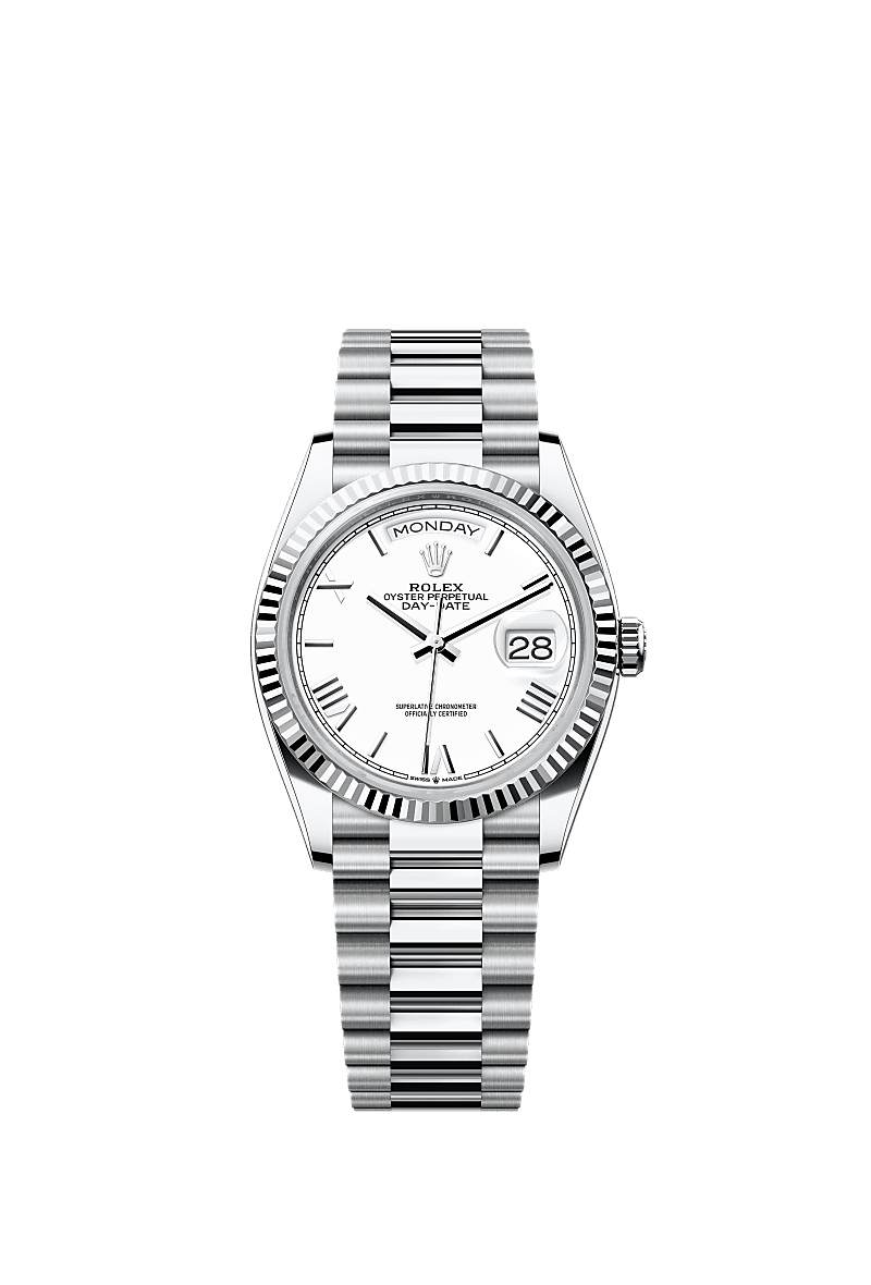 Rolex - Day-Date 36 Platinum - Fluted / White - Roman / President — Ref. 128236