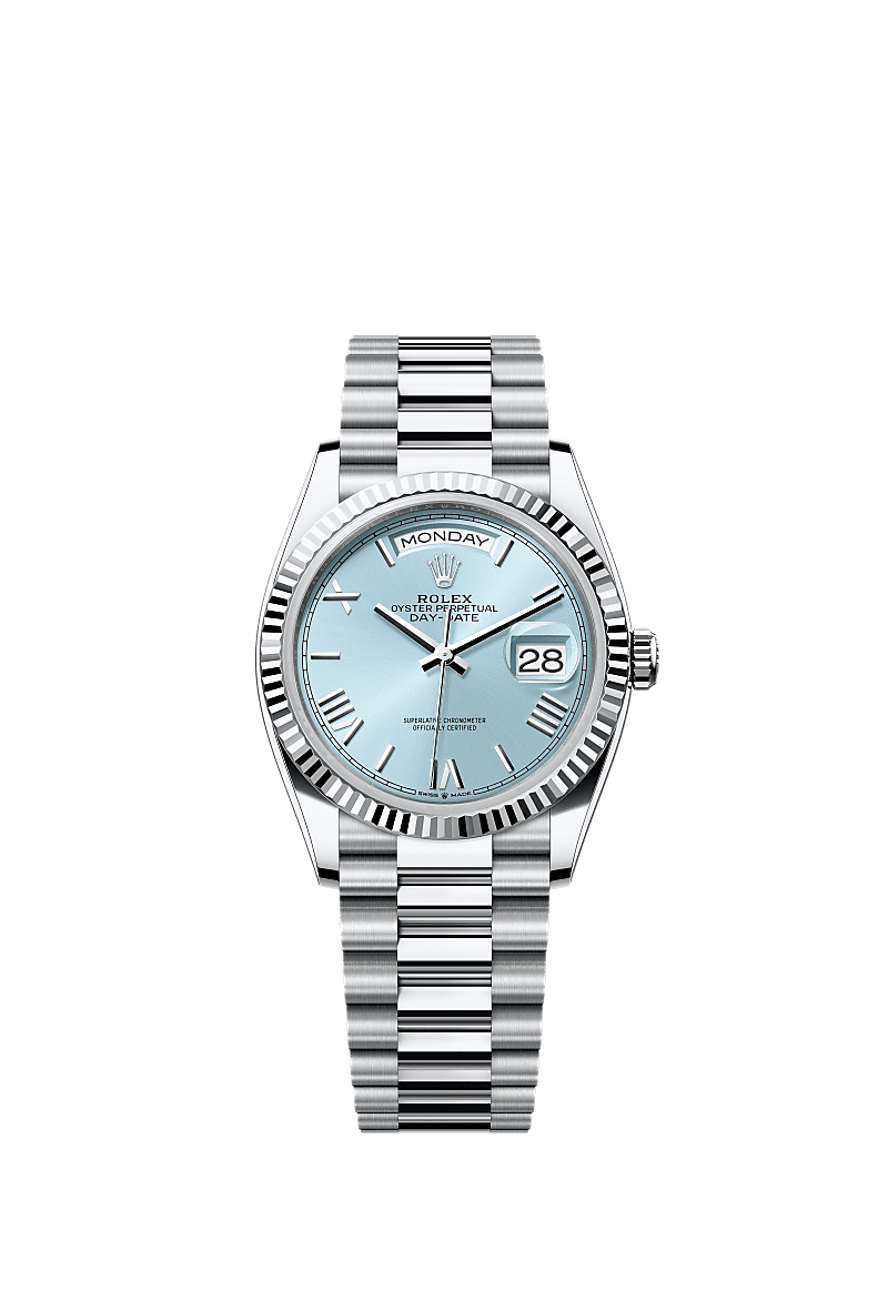 Rolex - Day-Date 36 Platinum - Fluted / Ice Blue - Roman / President — Ref. 128236