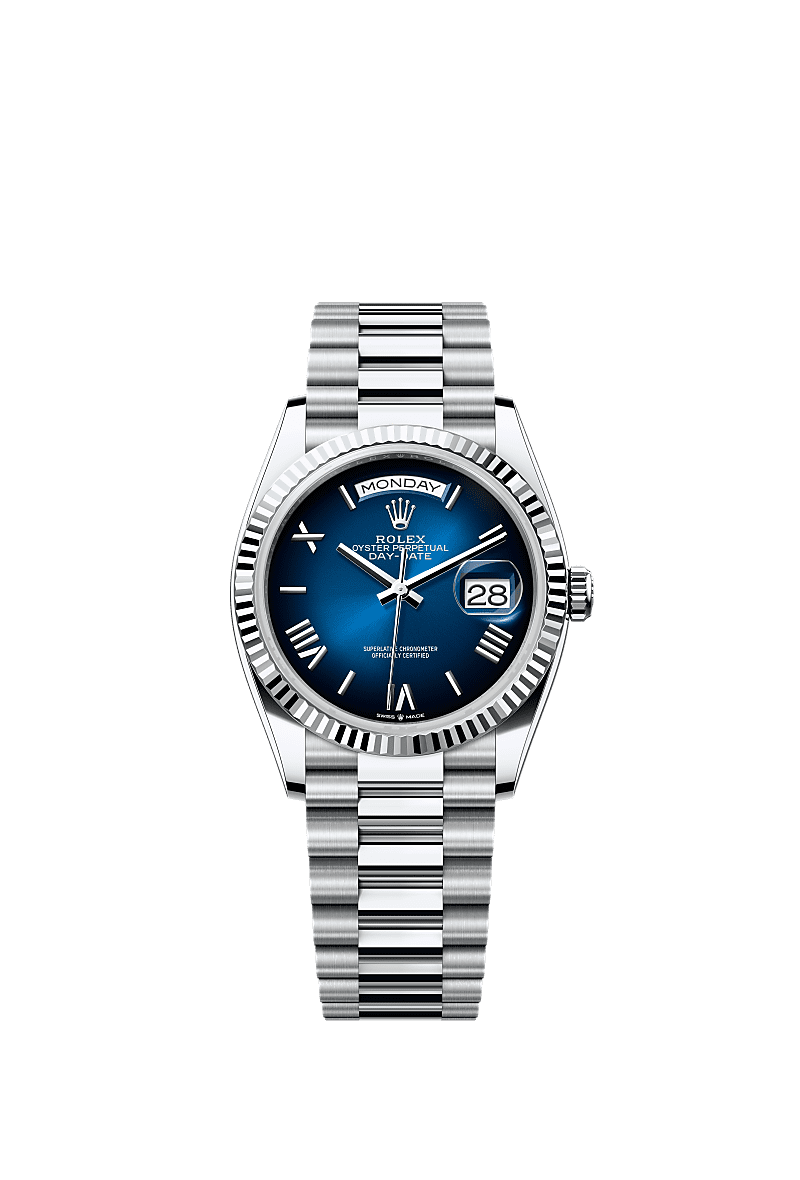 Rolex - Day-Date 36 Platinum - Fluted / Blue Ombr̩ - Roman / President — Ref. 128236