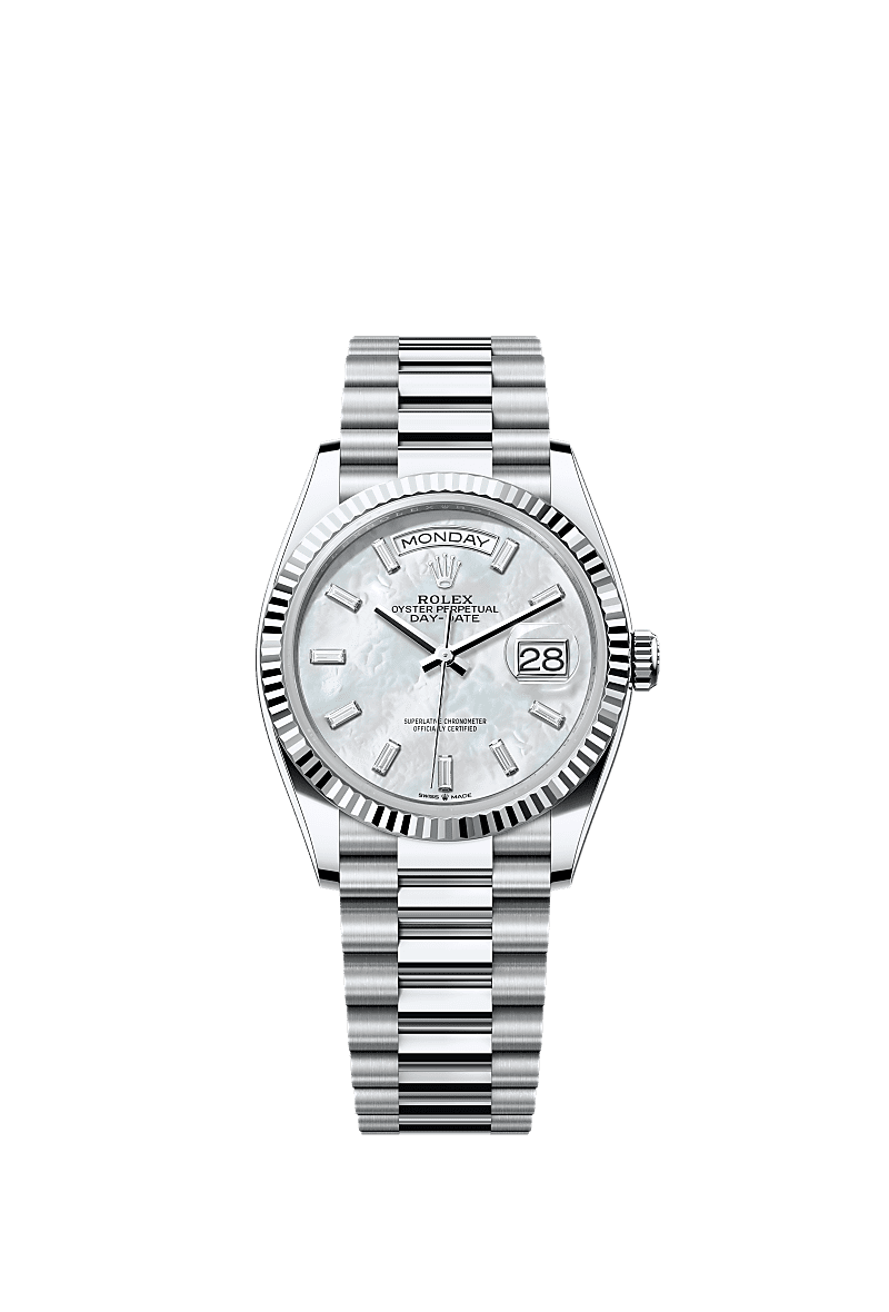 Rolex - Day-Date 36 Platinum - Fluted / MOP - Baguette / President — Ref. 128236