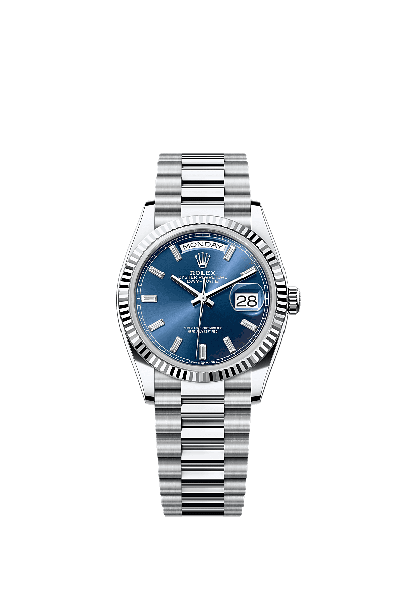 Rolex - Day-Date 36 Platinum - Fluted / Bright Blue - Baguette / President — Ref. 128236