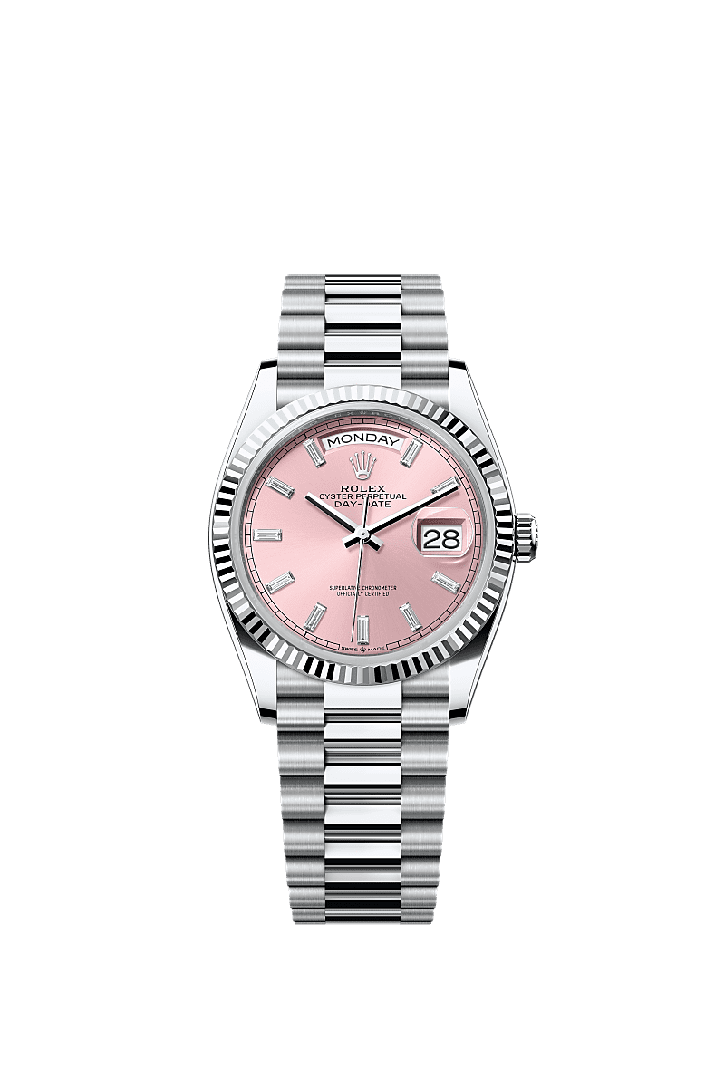 Rolex - Day-Date 36 Platinum - Fluted / Pink - Baguette / President — Ref. 128236
