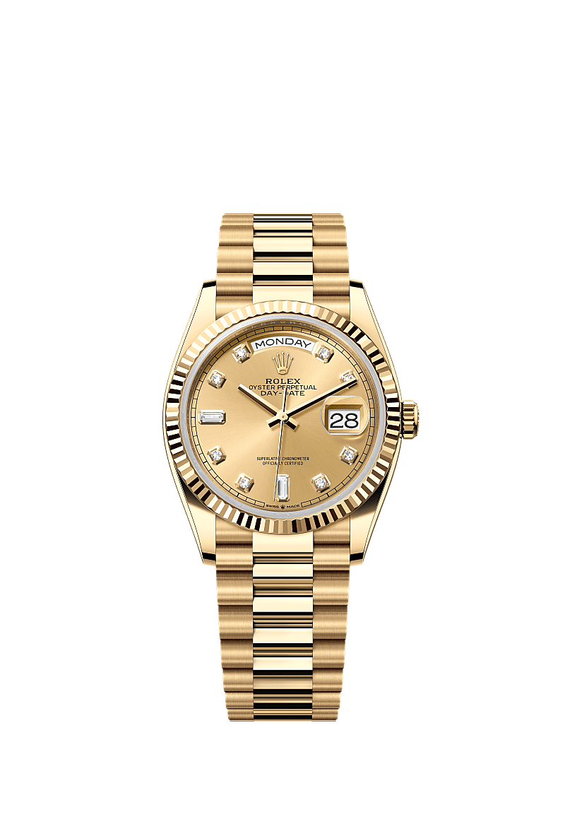 Rolex Day-Date 36 Yellow Gold / Fluted / Champagne - Diamond / President — Ref. 128238