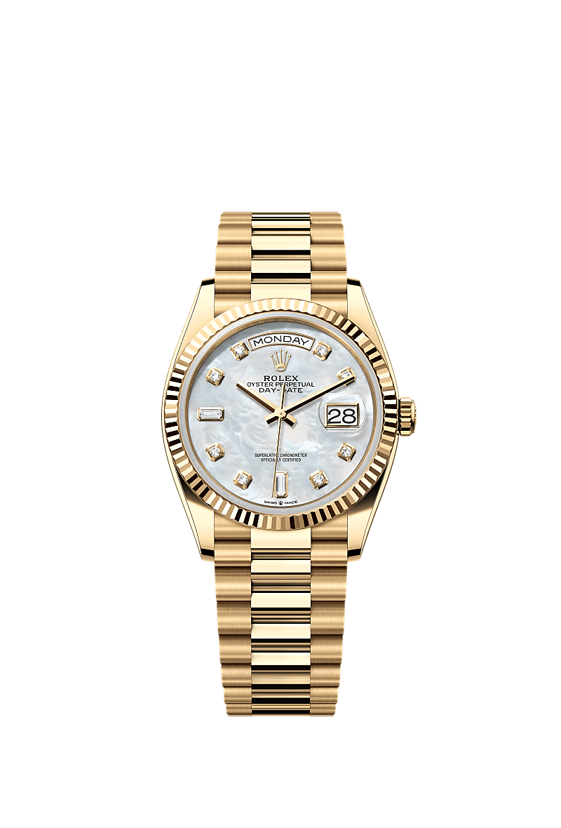 Rolex Day-Date 36 Yellow Gold / Fluted / MOP-Diamond / President — Ref. 128238
