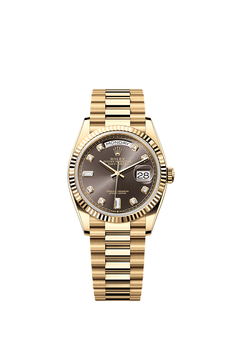 Rolex Day-Date 36 Yellow Gold / Fluted / Dark Grey-Diamond / President — Ref. 128238