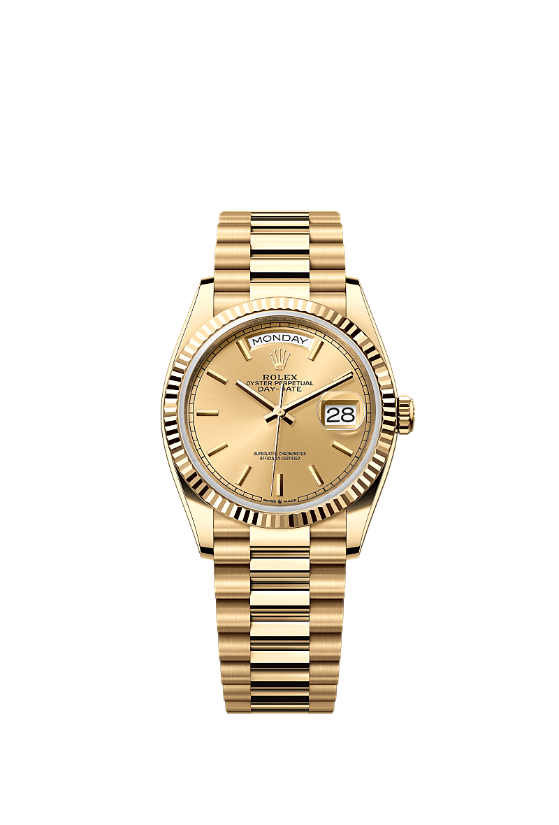 Rolex Day-Date 36 Yellow Gold / Fluted / Champagne / President — Ref. 128238