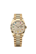 Rolex Day-Date 36 Yellow Gold / Fluted / Paved-Rainbow / President — Ref. 128238