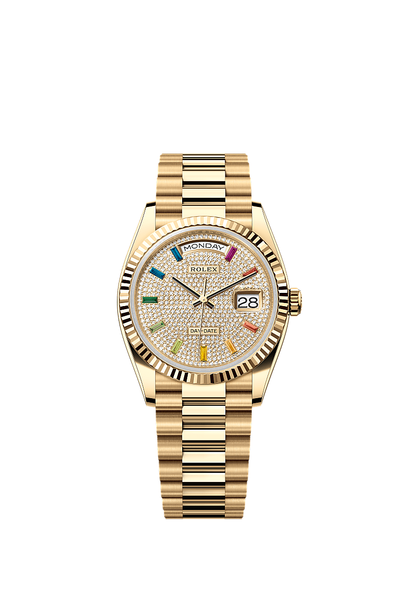 Rolex Day-Date 36 Yellow Gold / Fluted / Paved-Rainbow / President — Ref. 128238