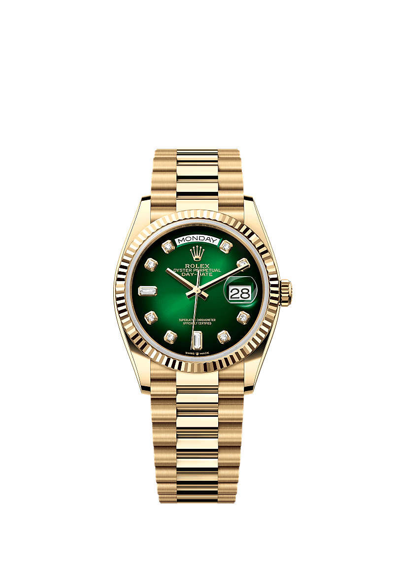 Rolex Day-Date 36 Yellow Gold / Fluted / Green Ombre-Diamond / President — Ref. 128238