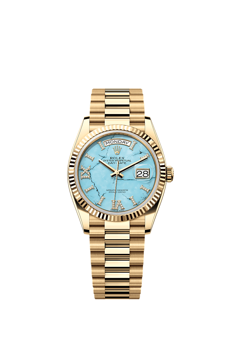 Rolex Day-Date 36 Yellow Gold / Fluted / Turquoise / President — Ref. 128238